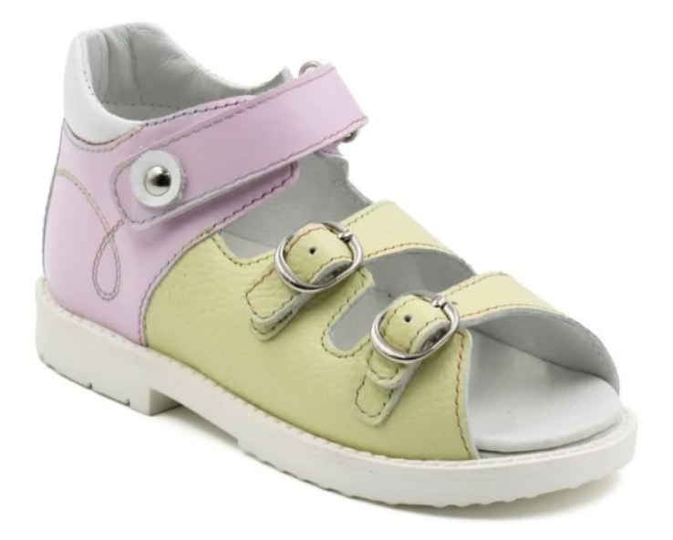 Сандалии ортопедические детские с открытым носом Ортомода 2129-ХМ-025 желто-розовые, каблуком Томаса фото 1